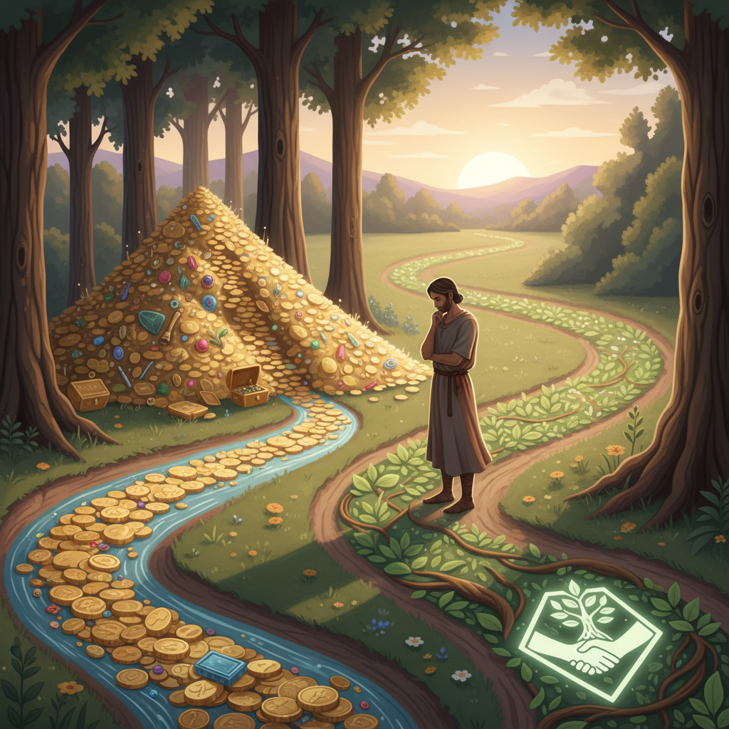 A person stands at a crossroads, one path leading to glittering gold (material gain) and the other to a serene, ethical symbol. The person is deep in thought, contemplating their choice. Style: thoughtful illustration, natural lighting, no text.