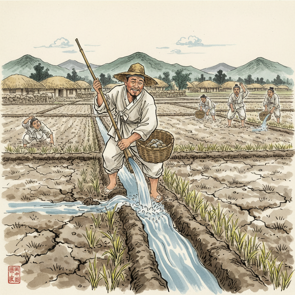 An illustration of an ancient Korean person diverting water from a main canal into their own paddy field, with other paddy fields nearby looking dry. The person has a determined, slightly selfish expression. Style: traditional Korean illustration. No text.