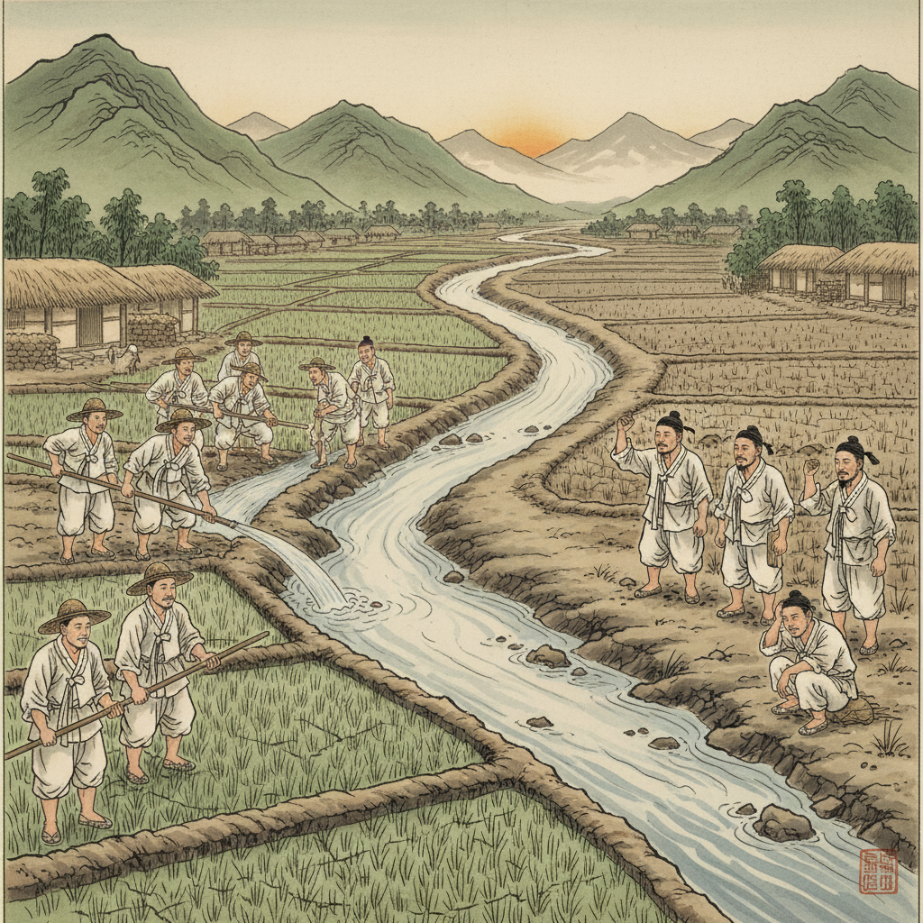 An illustration depicting two groups of ancient Korean farmers on opposite sides of a small river, one group actively diverting water to their dry fields with a satisfied look, while the other group looks on with frustration and despair as their fields remain parched. Emphasize the historical setting and the conflict over water. Style: historical illustration. No text.