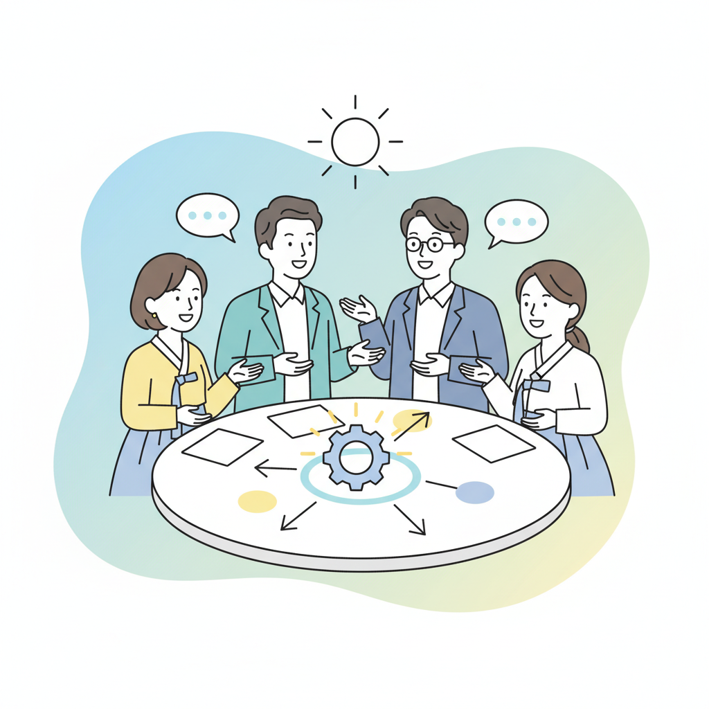 An illustration showing diverse group of Korean people actively collaborating, sharing ideas, and working together towards a common goal. They are smiling, communicating, and showing mutual respect in a bright, positive setting. Style: clean infographic. No text.