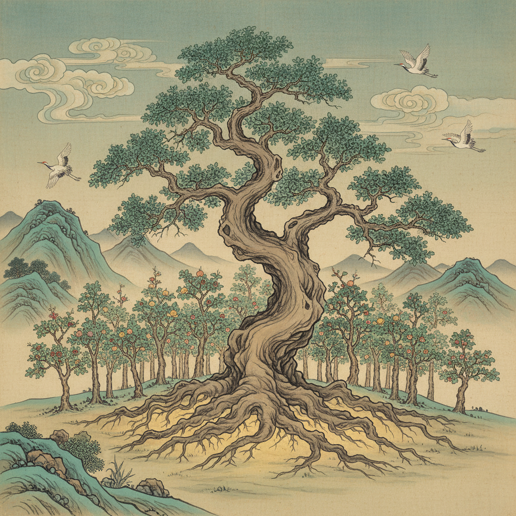 An illustration of a wise old tree with deep roots, surrounded by prosperous young saplings. A gentle light shines on the roots, symbolizing the importance of foundation and origin. The atmosphere is calm and respectful. Korean traditional art style, no text.