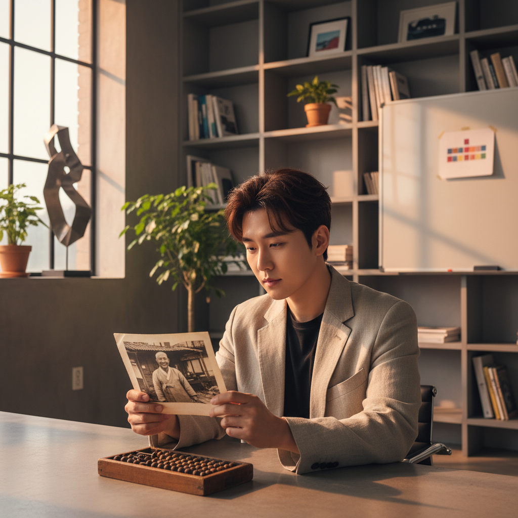A modern Korean person, perhaps a young entrepreneur, looking thoughtfully at an old, cherished photo or object, symbolizing their humble beginnings or an important mentor. The scene is set in a contemporary office or studio, with warm, reflective lighting. Lifestyle photography, no text.