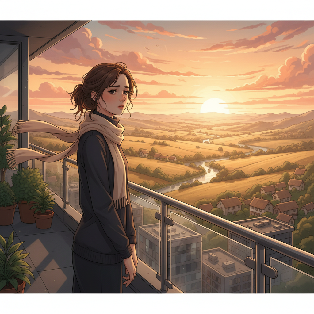 An illustration of a person standing on a modern city balcony, looking towards a warm, nostalgic sunset over a distant, idyllic countryside. The person has a thoughtful, slightly melancholic expression. Warm, golden hour lighting. Style: detailed illustration. No text.