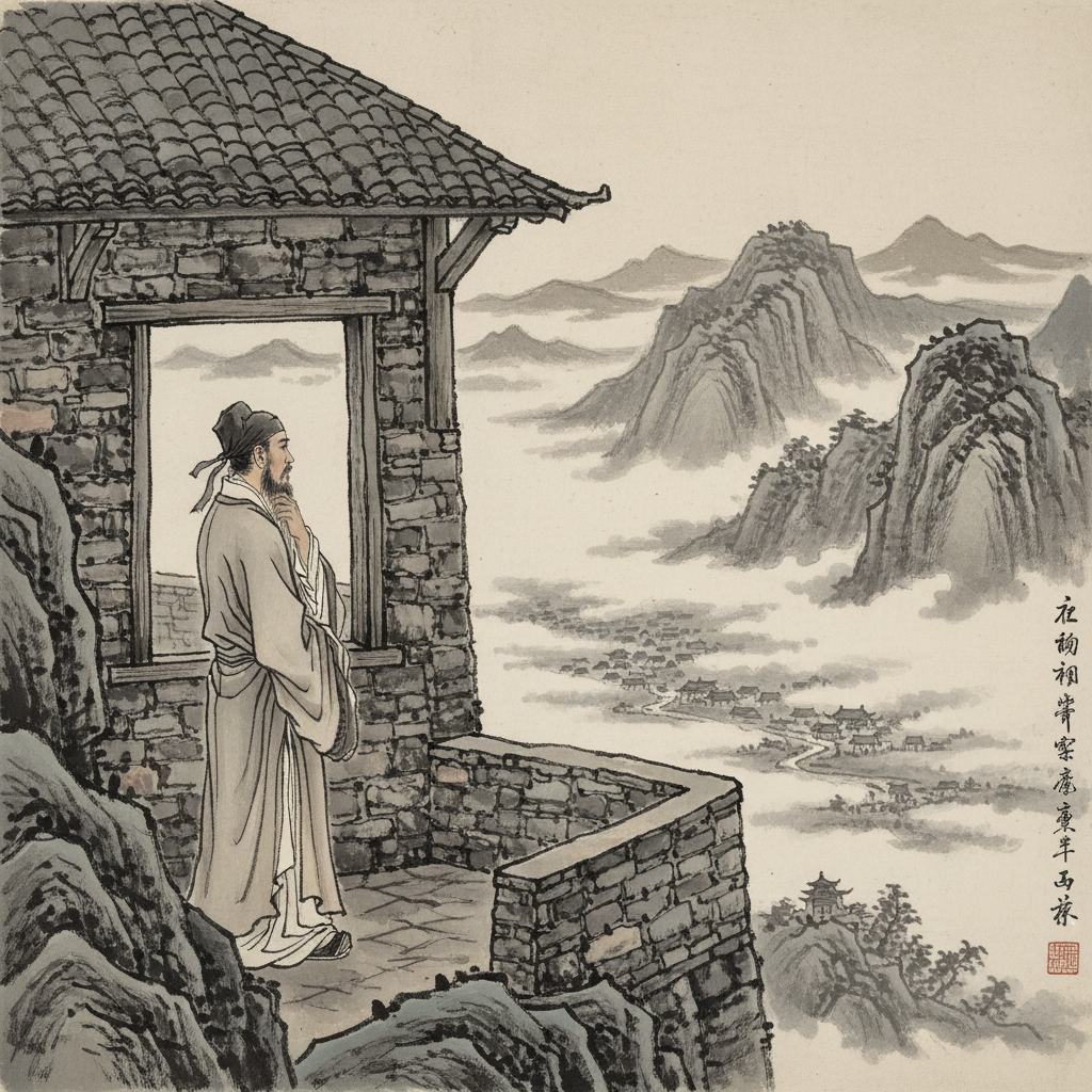 A classical East Asian ink wash painting illustration of an ancient scholar or poet looking out from a distant mountain pass or watchtower. He is gazing thoughtfully towards a misty, far-off landscape, symbolizing his hometown. The atmosphere is serene yet melancholic. Style: traditional ink wash painting. No text.