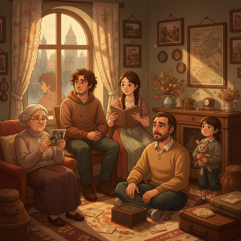 A diverse group of people of various ages and backgrounds, each subtly expressing a sense of nostalgia and longing. Some look at old photos, some gaze out a window with a thoughtful expression. The overall mood is warm and slightly melancholic, conveying the universal feeling of missing home. Style: detailed illustration with warm color palette. No text.