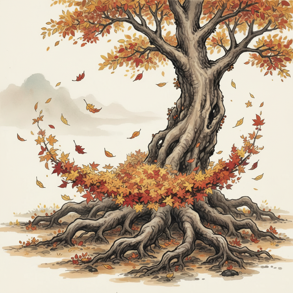 An illustration depicting autumn leaves falling and gathering at the base of a large, gnarled tree, symbolizing '낙엽귀근'. The tree has strong roots embedded in the earth. The atmosphere is serene and thoughtful. Style: cultural illustration. No text.