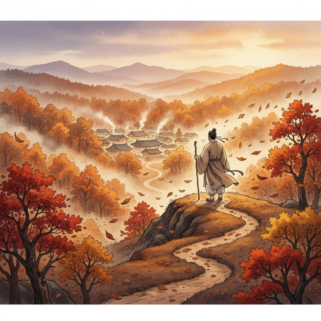 A poignant illustration of a lone figure standing on a hill, looking towards a distant, idyllic village nestled among trees, symbolizing '낙엽귀근' and the longing for home. Autumn colors dominate the landscape. Style: cultural illustration. No text.