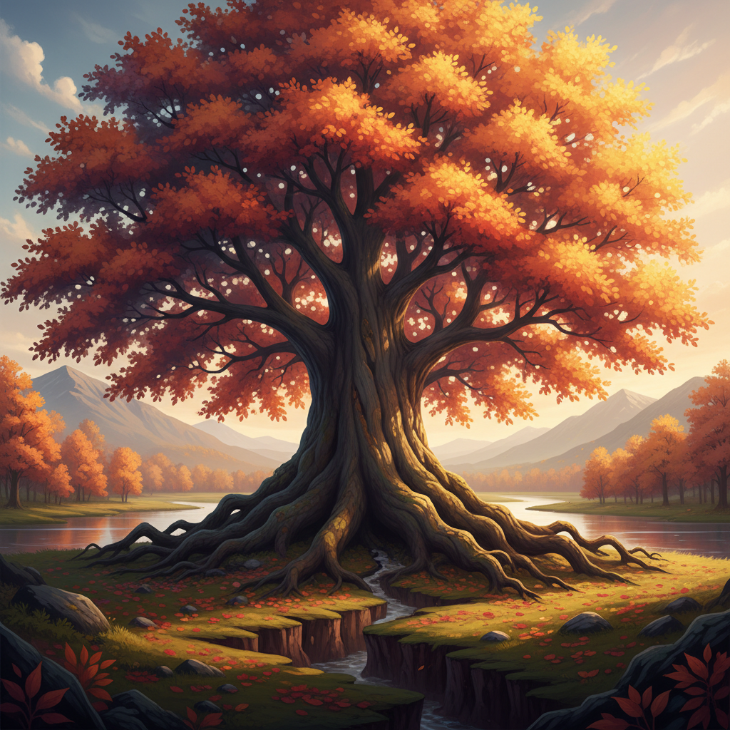 A beautiful, ancient tree with sprawling, visible roots reaching deep into the earth. The tree is vibrant with autumn leaves, and the scene exudes a sense of wisdom, stability, and natural cycle. Style: serene illustration. No text.