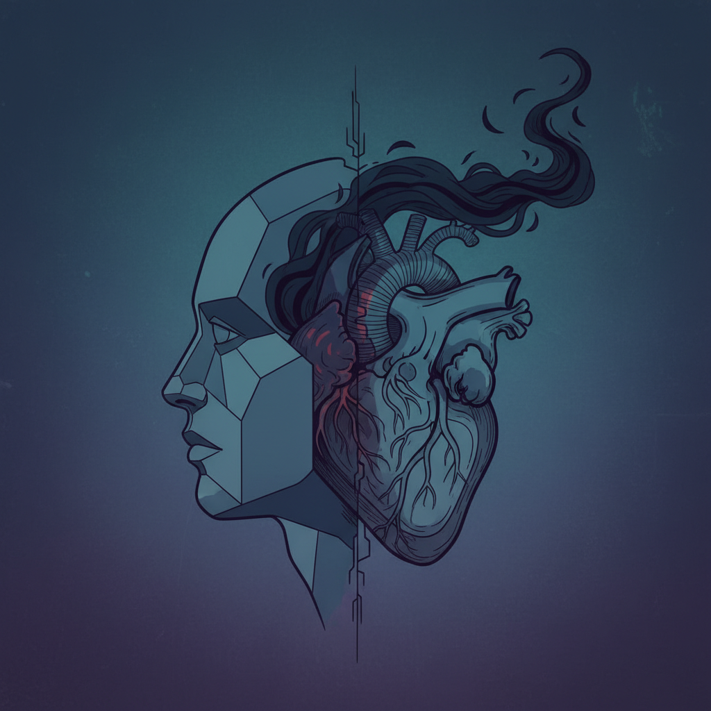 An abstract illustration representing "human face, animal heart." A stylized human profile merging with subtle animalistic features, perhaps with a dark or troubled aura. Emphasize the internal conflict or contradiction. Style: conceptual illustration, clean lines, no text.