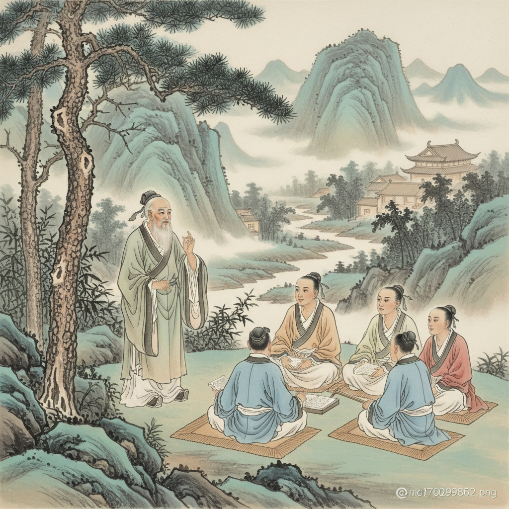 A classical Chinese illustration depicting an ancient scholar, possibly Mencius, teaching students in a serene natural setting. The scholar is gesturing thoughtfully, and the students are listening attentively, symbolizing the transmission of moral philosophy. Style: traditional Chinese ink painting, soft colors, no text.