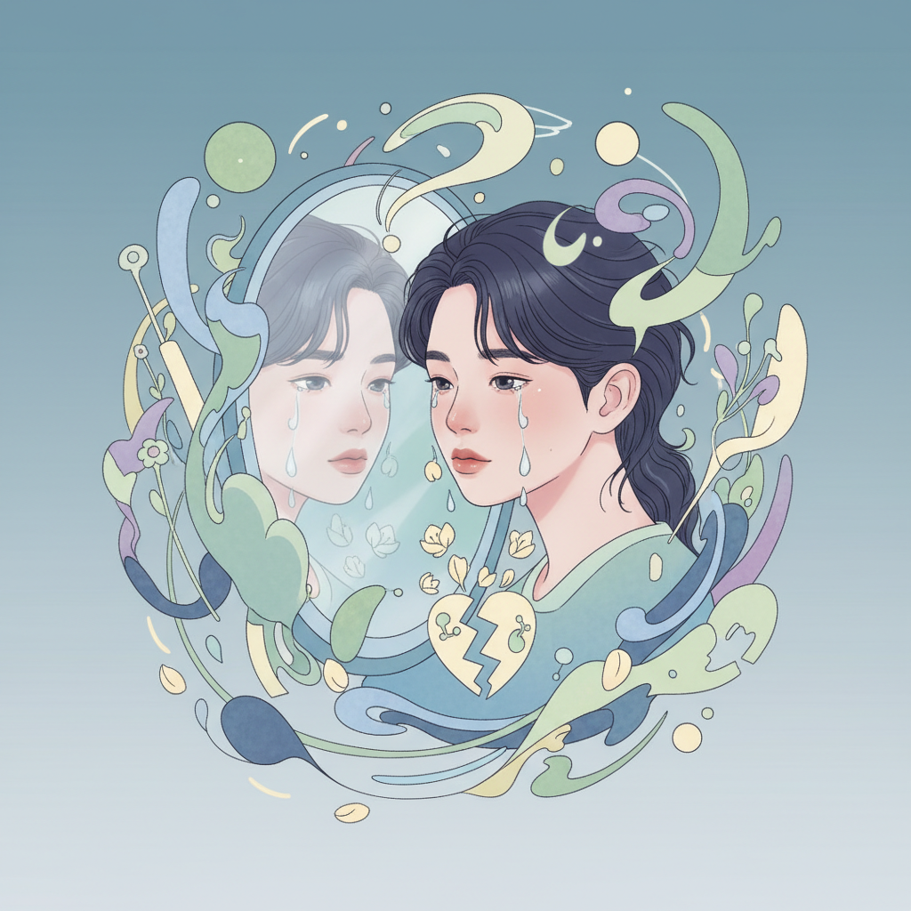 A contemporary illustration of a Korean person looking into a mirror, with abstract elements around them symbolizing thoughts, emotions, and self-reflection. The atmosphere is thoughtful and introspective. Style: modern illustration, calm colors, no text.