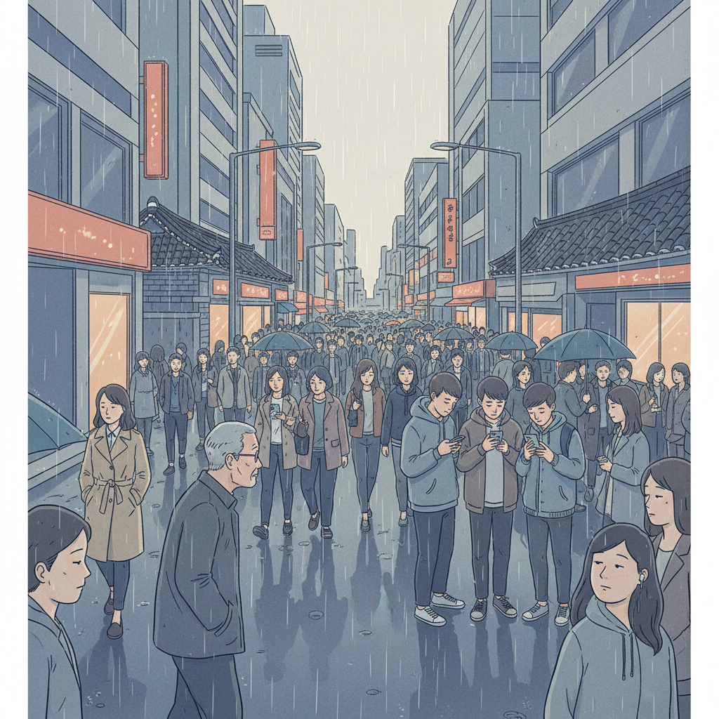 An illustrative scene of a bustling city street in Korea, where various people are depicted with indifferent or self-absorbed expressions, highlighting a lack of connection or empathy in modern society. Style: urban illustration, subtle muted colors, no text.