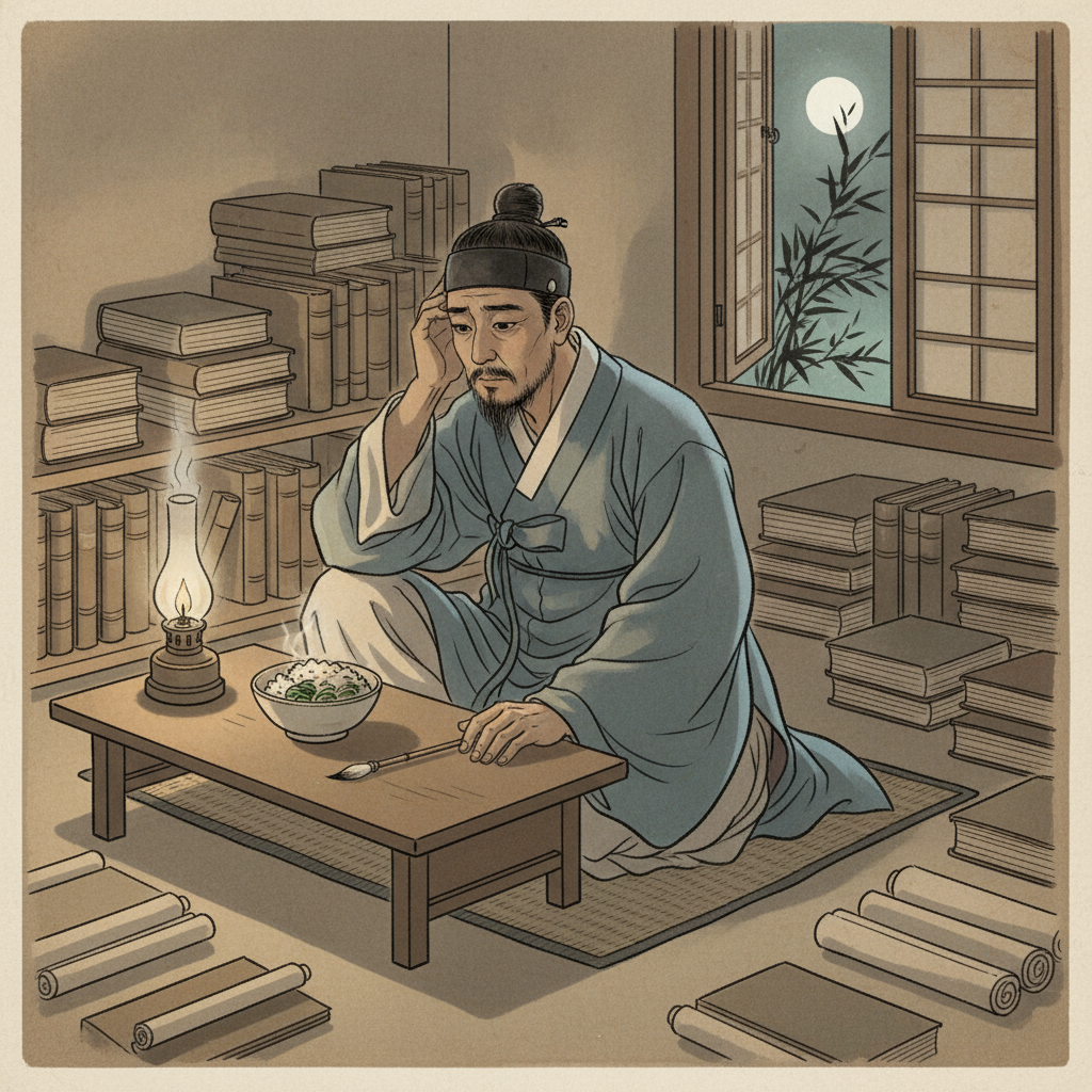 An ancient Korean or Chinese scholar, dressed in traditional robes, sitting at a simple desk with a small bowl of food, looking contemplative and slightly worried. The setting is a quiet, dimly lit study with scrolls and old books in the background, in an illustration style. No text.