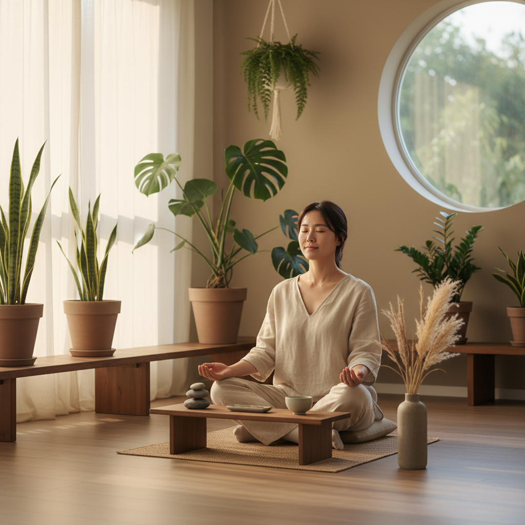 A calm Korean person meditating or practicing mindfulness in a peaceful, sunlit room, surrounded by elements that suggest balance and well-being like plants and natural light. The person looks relaxed and centered, in a lifestyle photography style. No text.