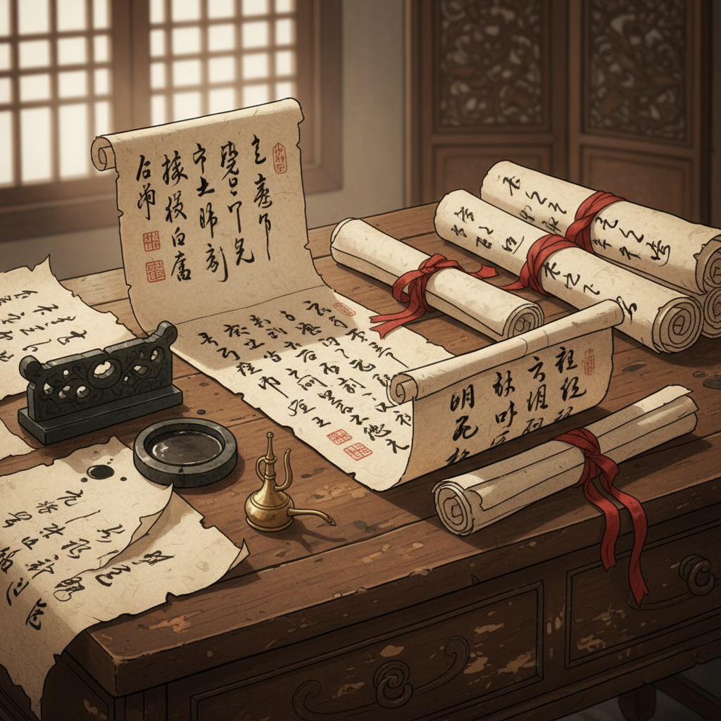 A collection of various Korean proverbs written on traditional paper scrolls, laid out on an antique wooden table. Some scrolls are partially unrolled, revealing snippets of text in old Korean script. The scene evokes a sense of ancient wisdom and knowledge. Illustration style. No text.