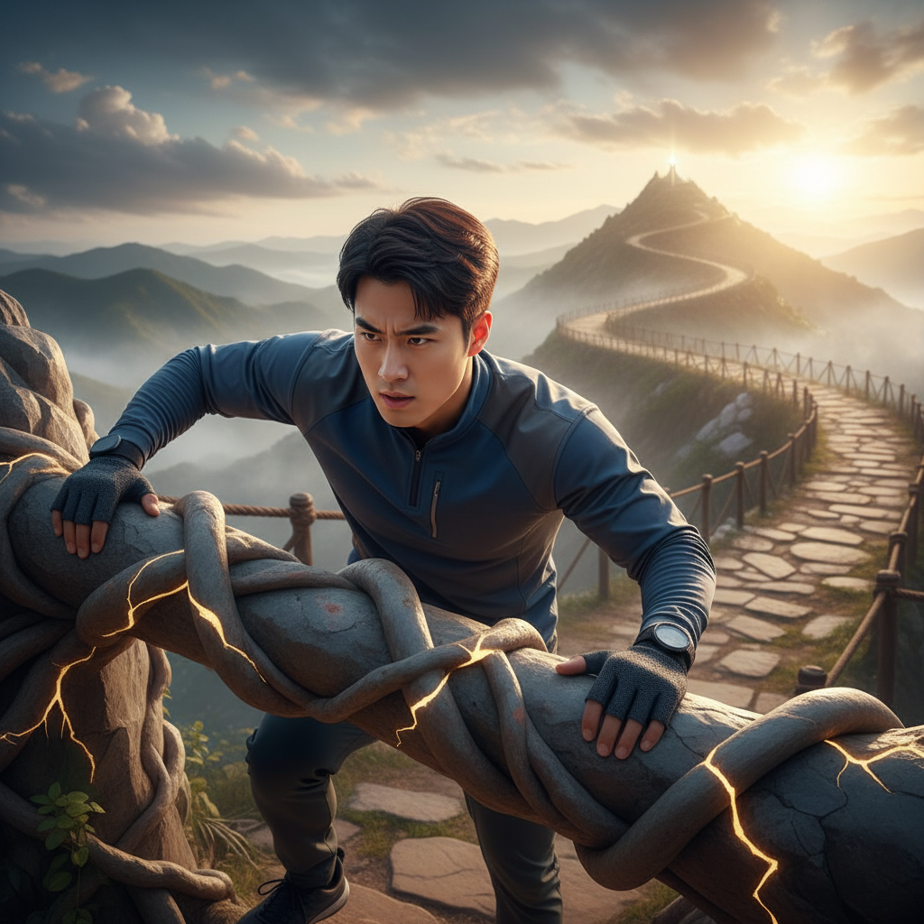 A determined Korean person overcoming a symbolic obstacle, with a look of resilience and focus. The background shows a challenging but ultimately surmountable path. Lifestyle photography, natural lighting, no text.