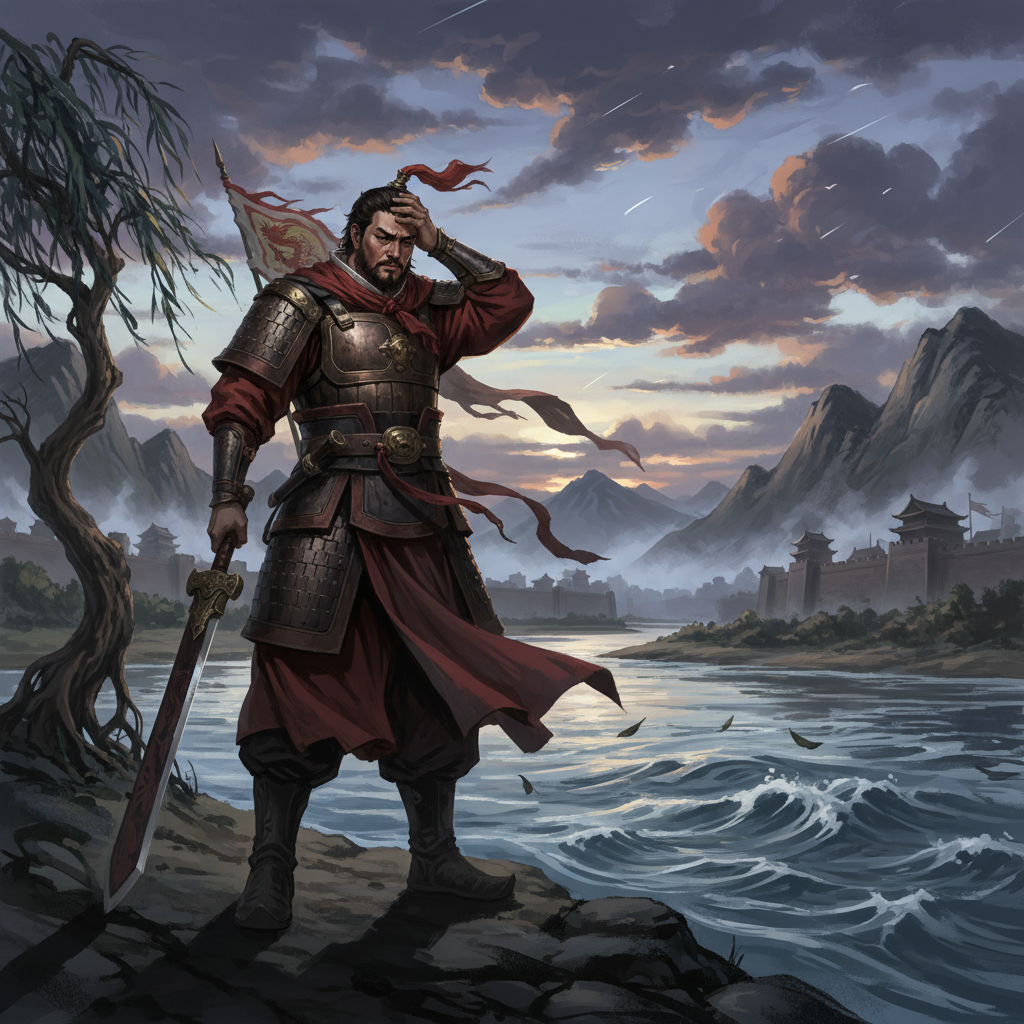 An ancient Chinese warrior, inspired by Xiang Yu, standing at the edge of a wide river, looking distraught and contemplating his fate. The scene should convey a sense of historical drama and deep contemplation, with traditional Chinese landscape elements. Illustration, dramatic lighting, no text.