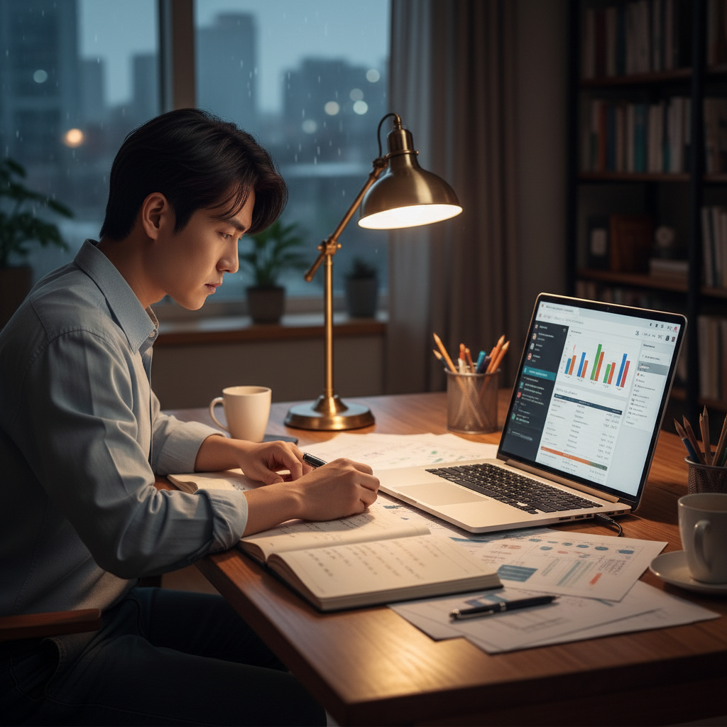 A focused Korean person sitting at a desk, reviewing notes and making plans for a new project after a setback. The scene should convey a sense of quiet determination and strategic thinking, with charts or a laptop visible. Lifestyle photography, warm lighting, no text.