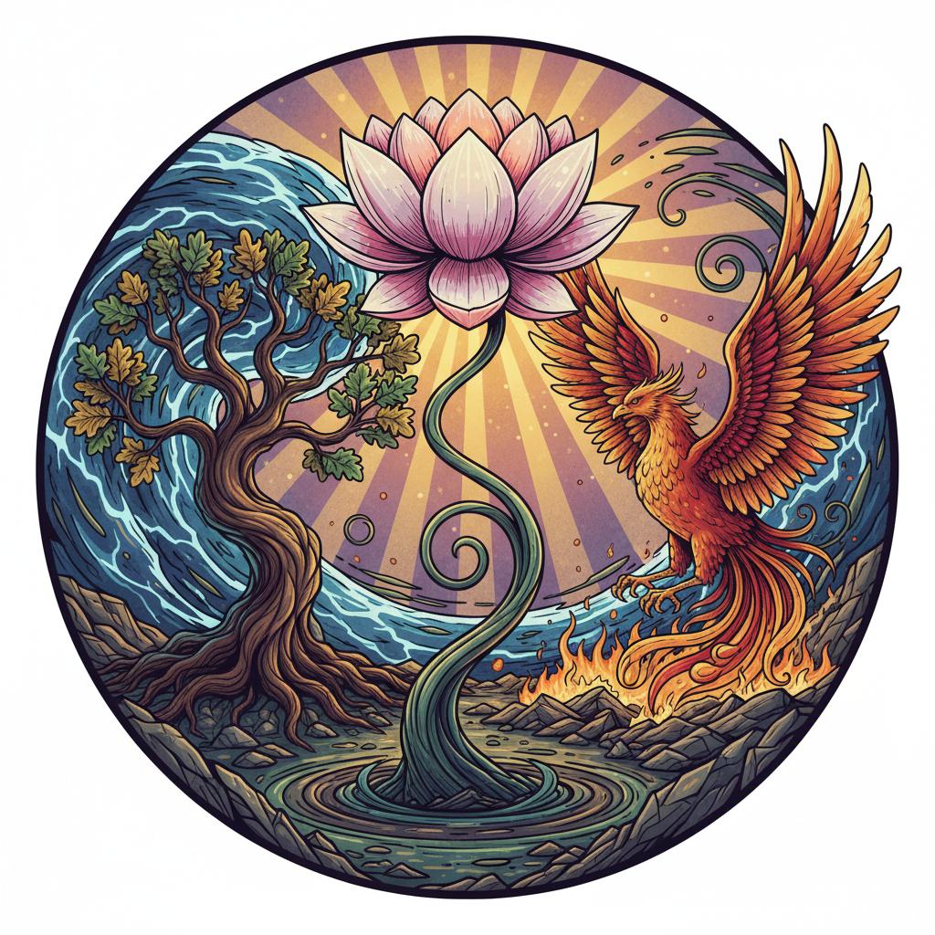 A stylized illustration depicting various symbols of perseverance and resilience, such as a blooming lotus from mud, a strong tree against a storm, or a rising phoenix. The overall image should evoke hope and strength. Illustration, vibrant colors, no text.