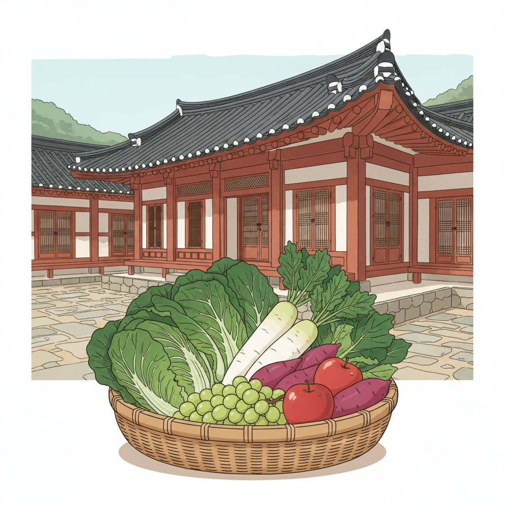 An illustration in a clean infographic style, featuring a traditional Korean hanok in the background. In the foreground, there's a woven market basket overflowing with fresh, vibrant local produce like leafy greens, colorful root vegetables, and fruits. The overall atmosphere is wholesome and connected to nature. No text in image.