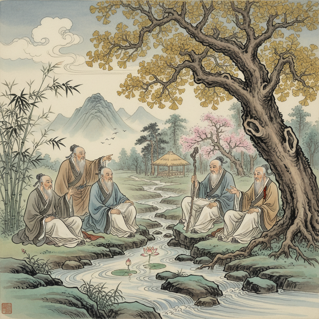 An illustration in a historical style, showing ancient East Asian philosophers discussing in a serene natural setting. They are sitting by a flowing stream or under a large tree, gesturing towards elements of nature. The atmosphere is contemplative and wise. No text in image.