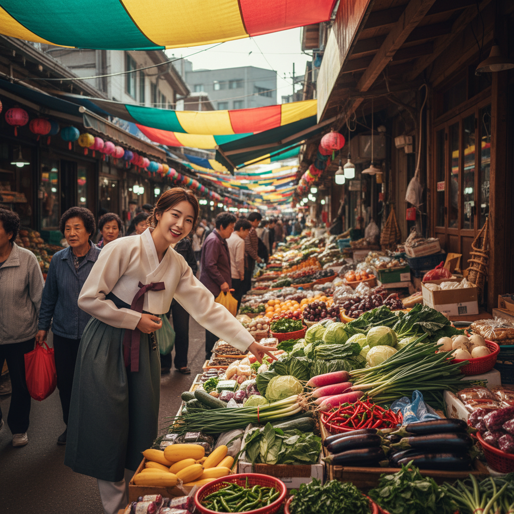 Lifestyle photography of a vibrant traditional Korean market. A Korean person is happily choosing fresh, colorful seasonal vegetables from a vendor's stall, which is brimming with local produce. The lighting is bright and natural, reflecting a bustling atmosphere. No text in image.