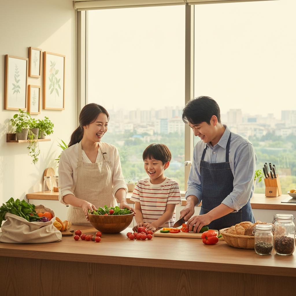 A cheerful Korean family (parents and a child) engaged in sustainable lifestyle activities. They could be gardening together, visiting a local farmers' market, or cooking with fresh local ingredients in a bright, modern kitchen. The scene is warm, inviting, and emphasizes community and health. No text in image.