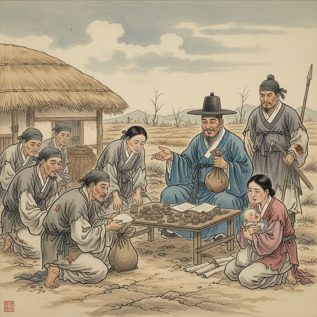 A historical illustration showing an old Korean magistrate corruptly collecting heavy taxes from poor villagers in a Joseon-era setting, natural lighting, no text.