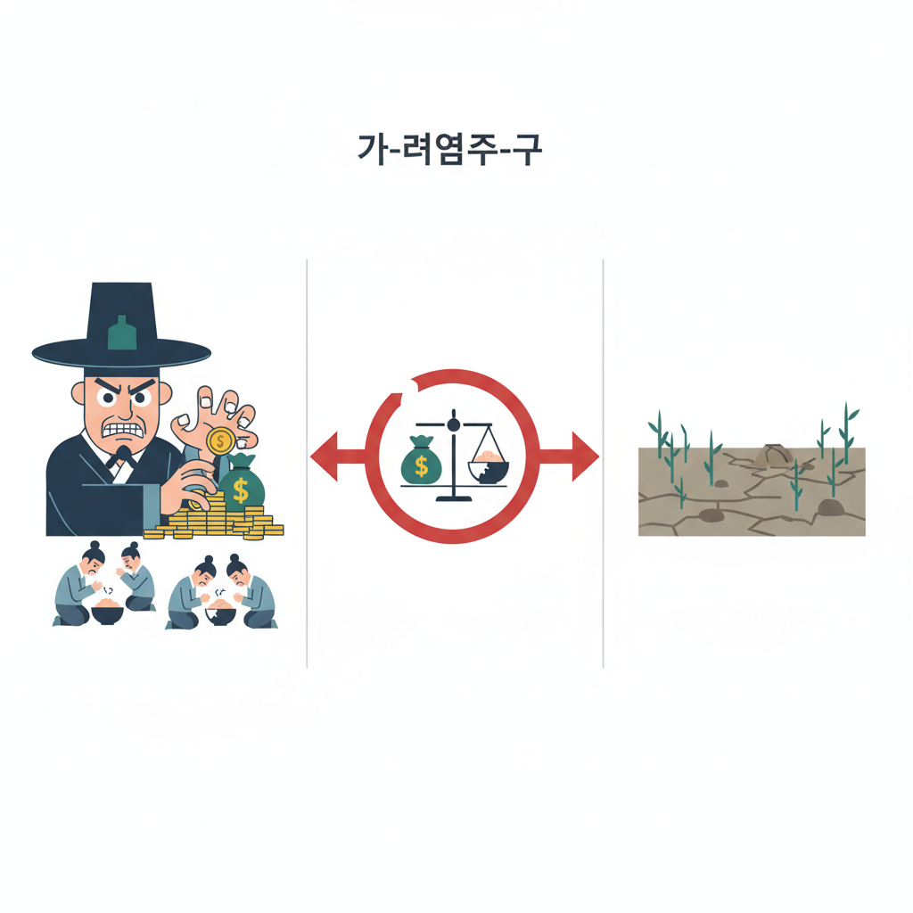 Clean infographic illustrating the meaning of the idiom ga-ryeom-ju-gu with symbolic icons such as coins, angry officials, and suffering citizens, no text.