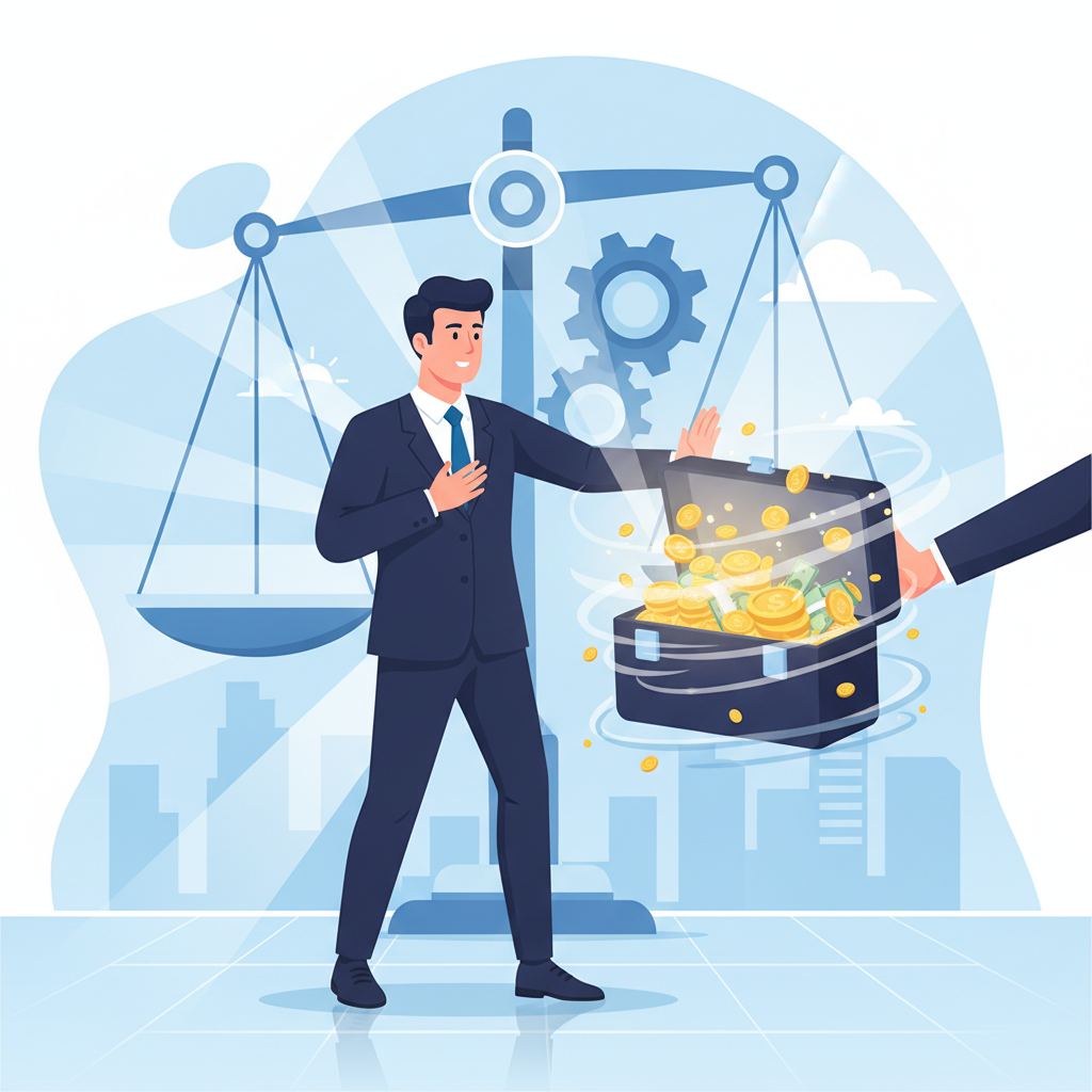 Modern illustration showing a businessperson resisting corruption, rejecting bribes, symbolizing ethical justice, clean lighting, no text.
