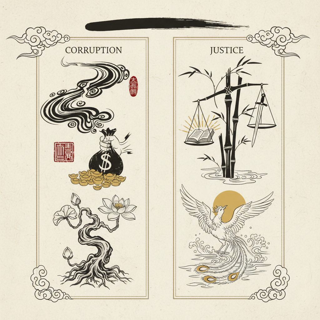Informative infographic comparing similar idioms about corruption and justice in East Asian calligraphy style, clean design, no text.