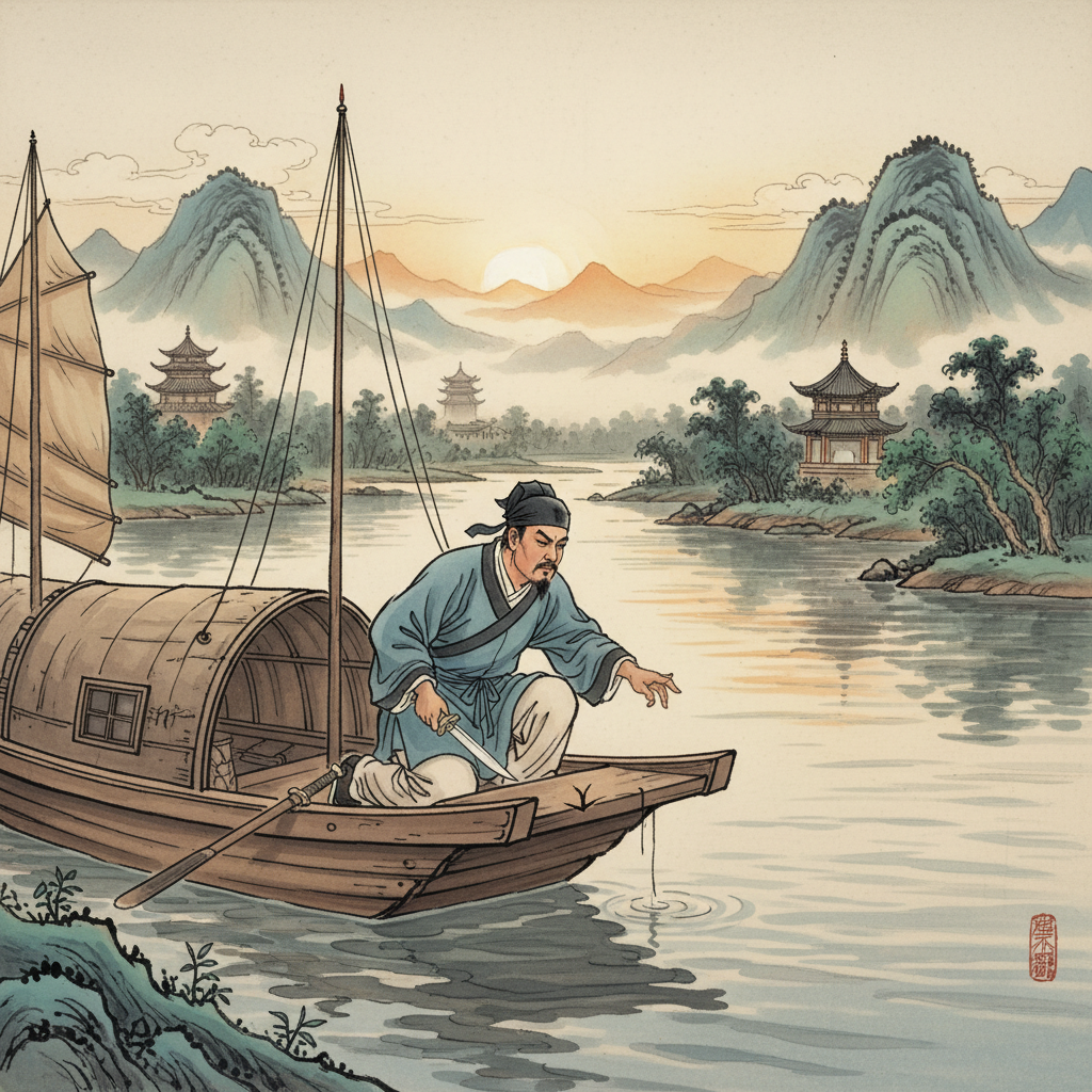 Traditional Chinese illustration of a man carving a mark on a boat while searching for a dropped sword, calm river background, natural daylight, no text.