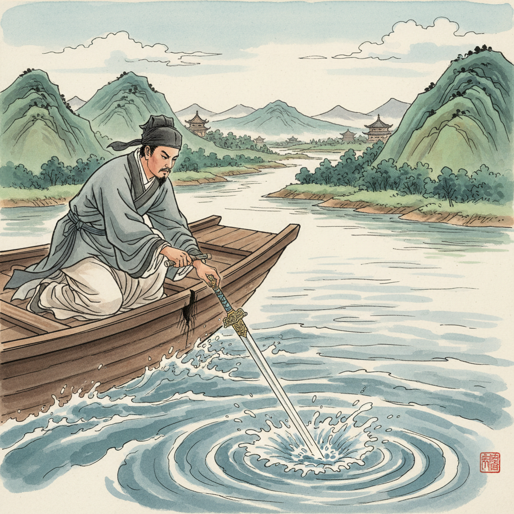 Illustration of a man carving a mark on a moving boat while a sword falls into the river, historical Chinese clothing, daylight, no text.