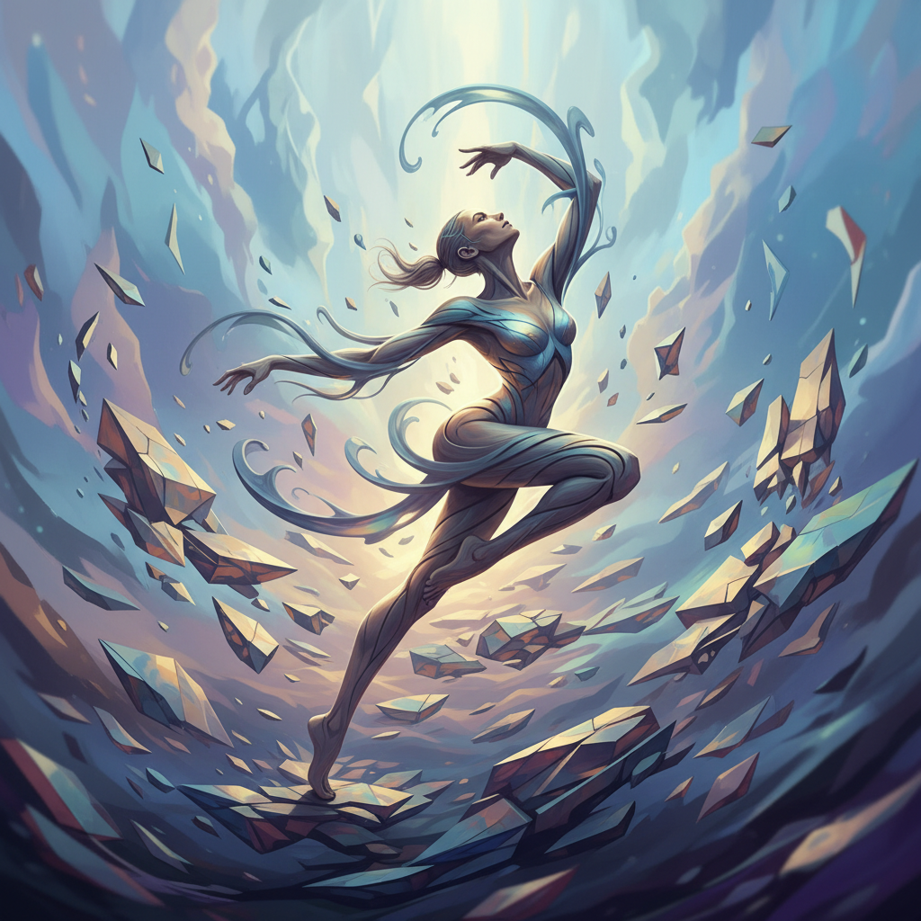 Modern concept art of a flexible person adapting to changing environment, soft lighting, abstract background, no text.