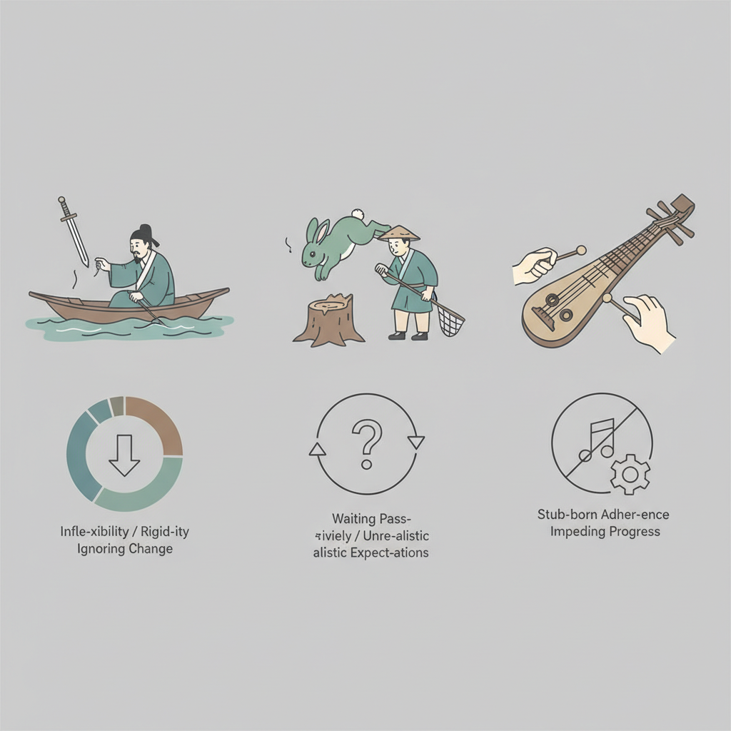 Clean infographic comparing Chinese idioms like刻舟求劍,守株待兎,膠柱鼓瑟, showing their meanings and moral lessons, neutral tones, no text.