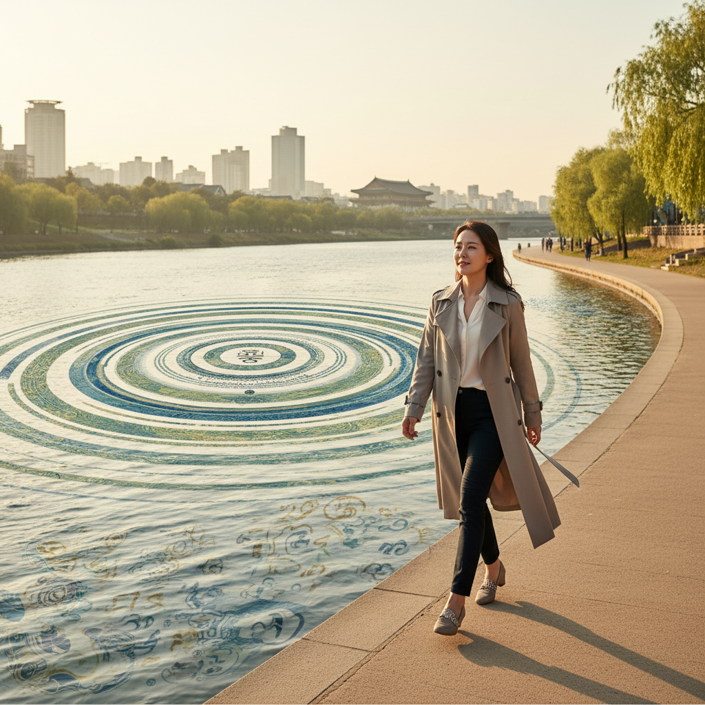 Korean person walking confidently along a river with symbolic ripples of change, soft sunlight, lifestyle photo style, no text.