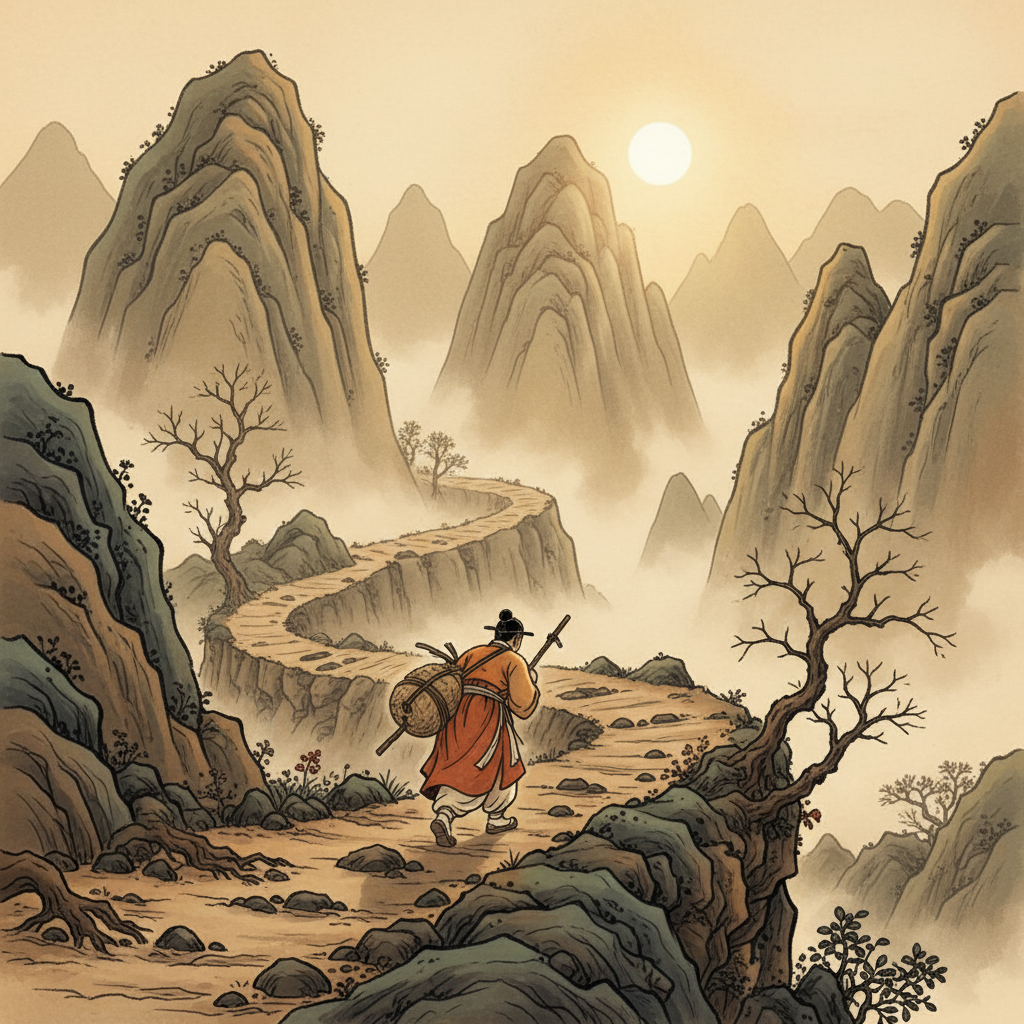 warm-toned Korean illustration showing a person walking a rough road through mountains, symbolizing hardship and perseverance, natural lighting, no text.