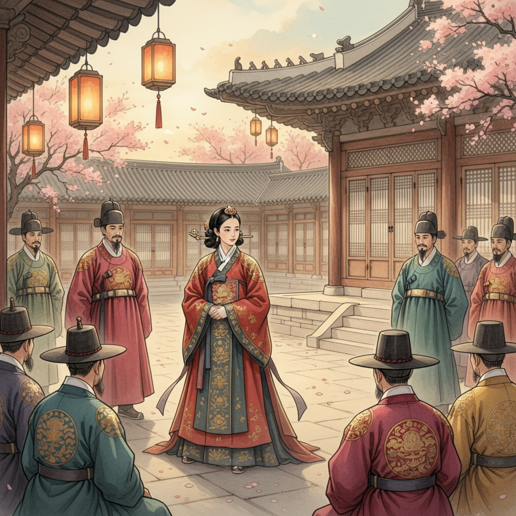 an elegant Korean historical illustration of a beautiful woman admired by nobles in an ancient palace, warm lighting, no text