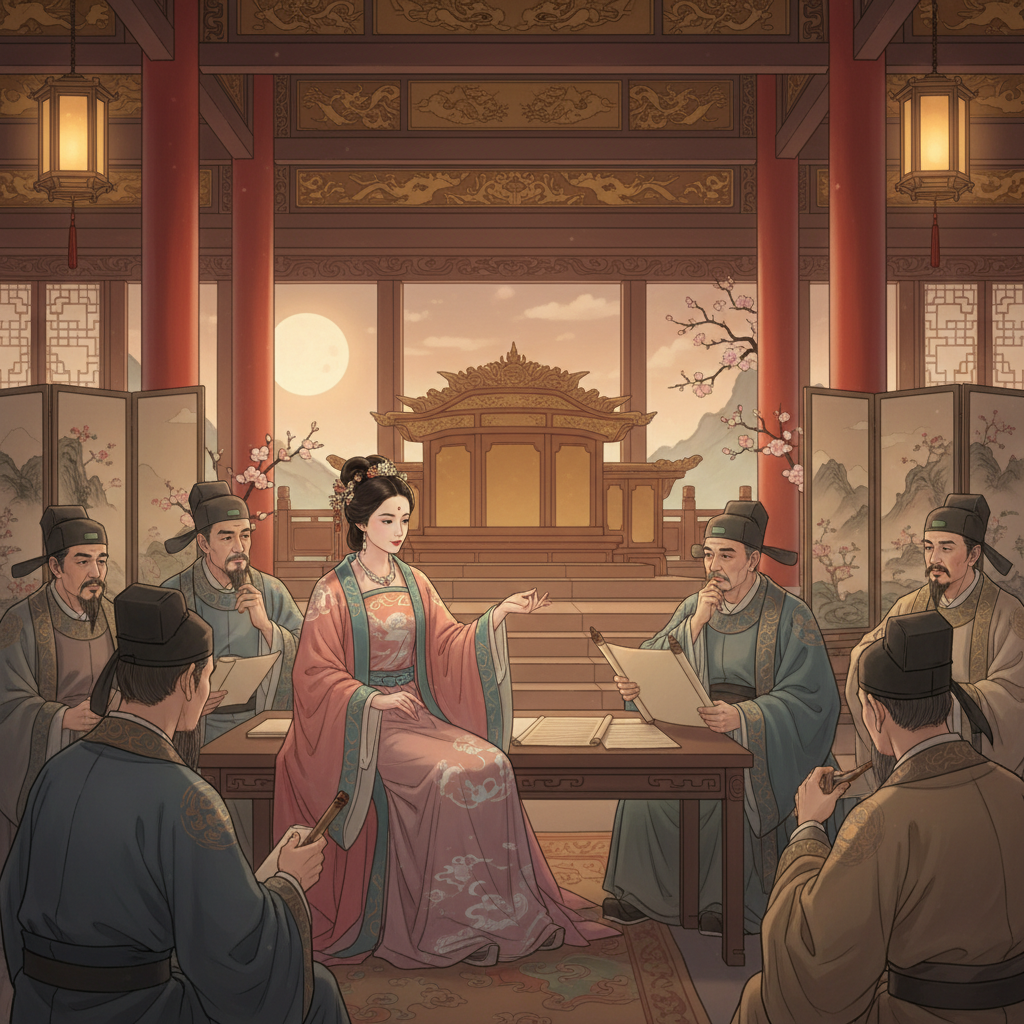 detailed illustration of an ancient Chinese palace scene featuring a beautiful woman influencing politics, soft ambient light, no text