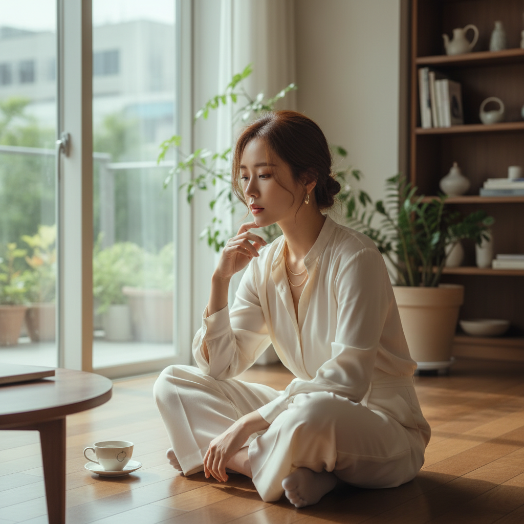 modern Korean woman in a reflective pose symbolizing inner and outer beauty, lifestyle photography style, natural light