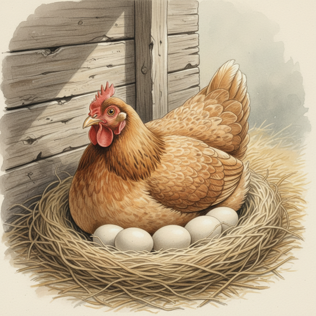 A calm and natural illustration of a hen sitting on her eggs in a rustic coop. Soft lighting, focus on the hen and eggs, subtle details of straw and wood. Style: traditional illustration, no text.