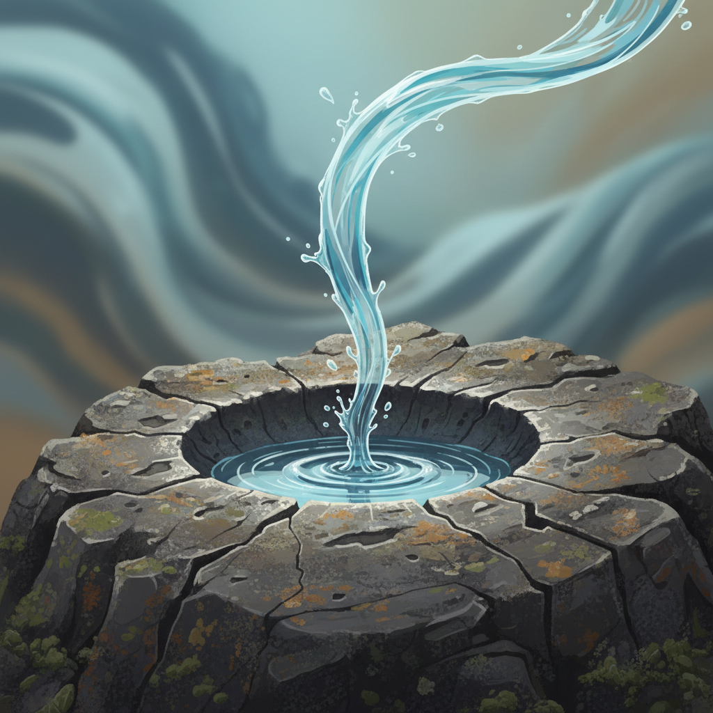 A powerful and metaphorical illustration depicting a single, persistent water drop hitting a rock over time, gradually creating an indentation. Show the water in motion and the rock with signs of erosion. Style: conceptual illustration, no text.