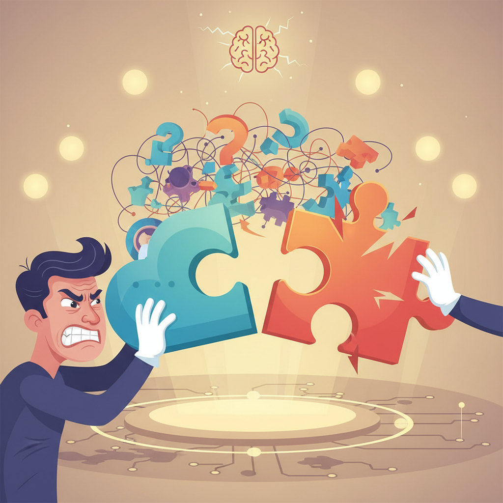 An illustration showing a person forcefully trying to fit mismatched puzzle pieces together, with frustrated expression. The scene depicts the concept of forcing unrelated arguments to fit one's position. Clean infographic style with warm lighting, no text.
