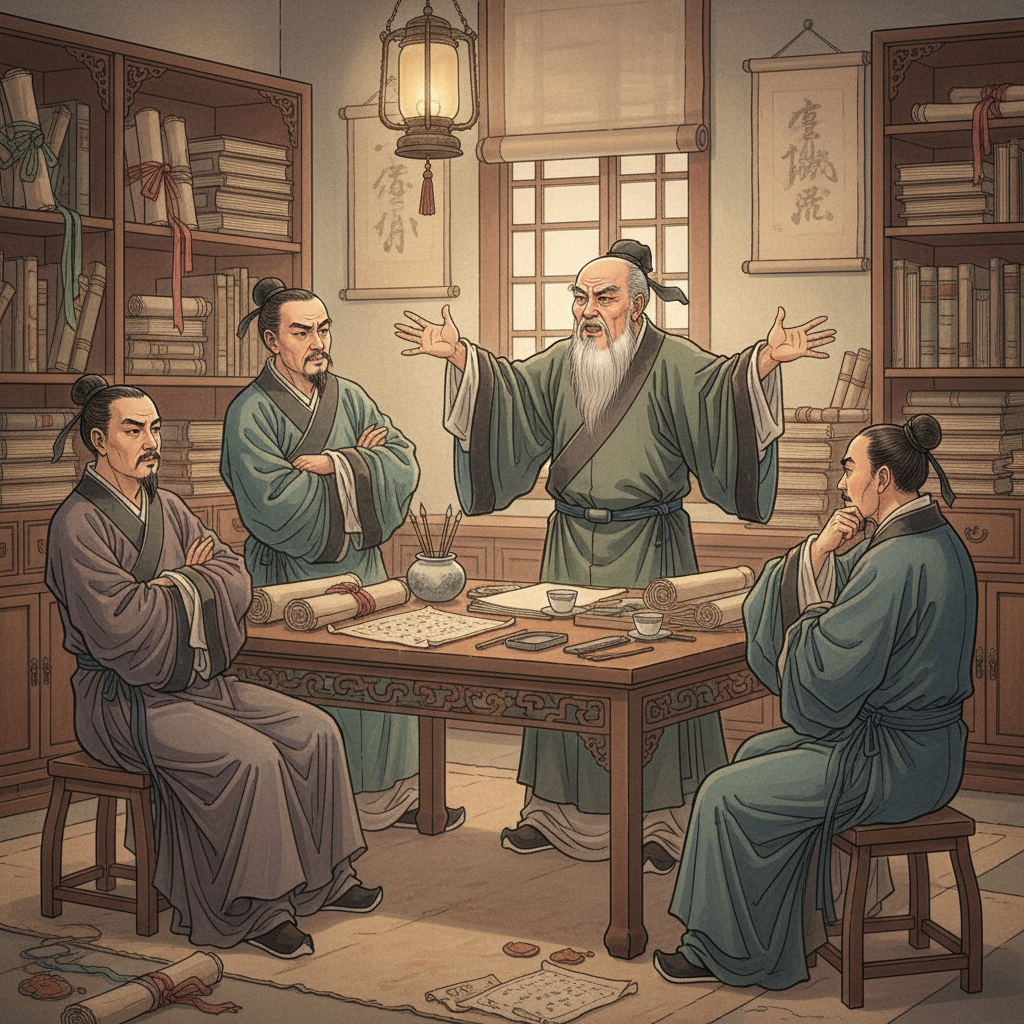 Ancient Chinese scholars in traditional robes having an intense debate in a classical study room with scrolls and books. One scholar appears to be making forceful gestures while others look skeptical. Historical illustration style with soft lighting, no text.