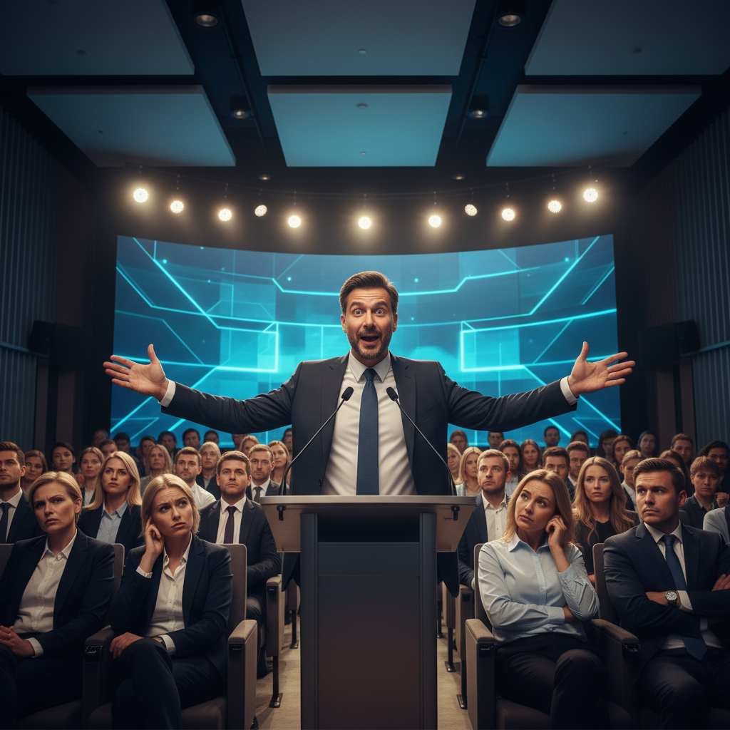 A politician at a podium making an animated speech with exaggerated gestures, while audience members show mixed reactions of confusion and skepticism. Modern conference hall setting with professional lighting, no text.