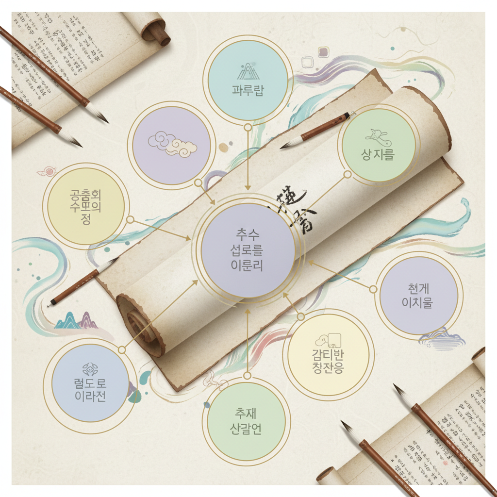 A clean infographic showing interconnected concepts of similar idioms, with traditional Korean calligraphy brushes and scrolls. Elegant design with soft colors and educational layout, no text.