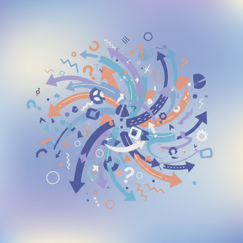 A clean infographic-style illustration showing the concept of disorder and confusion. Multiple arrows pointing in different directions, scattered objects, and chaotic elements arranged in a visually appealing way. Soft lighting, modern design, no text.