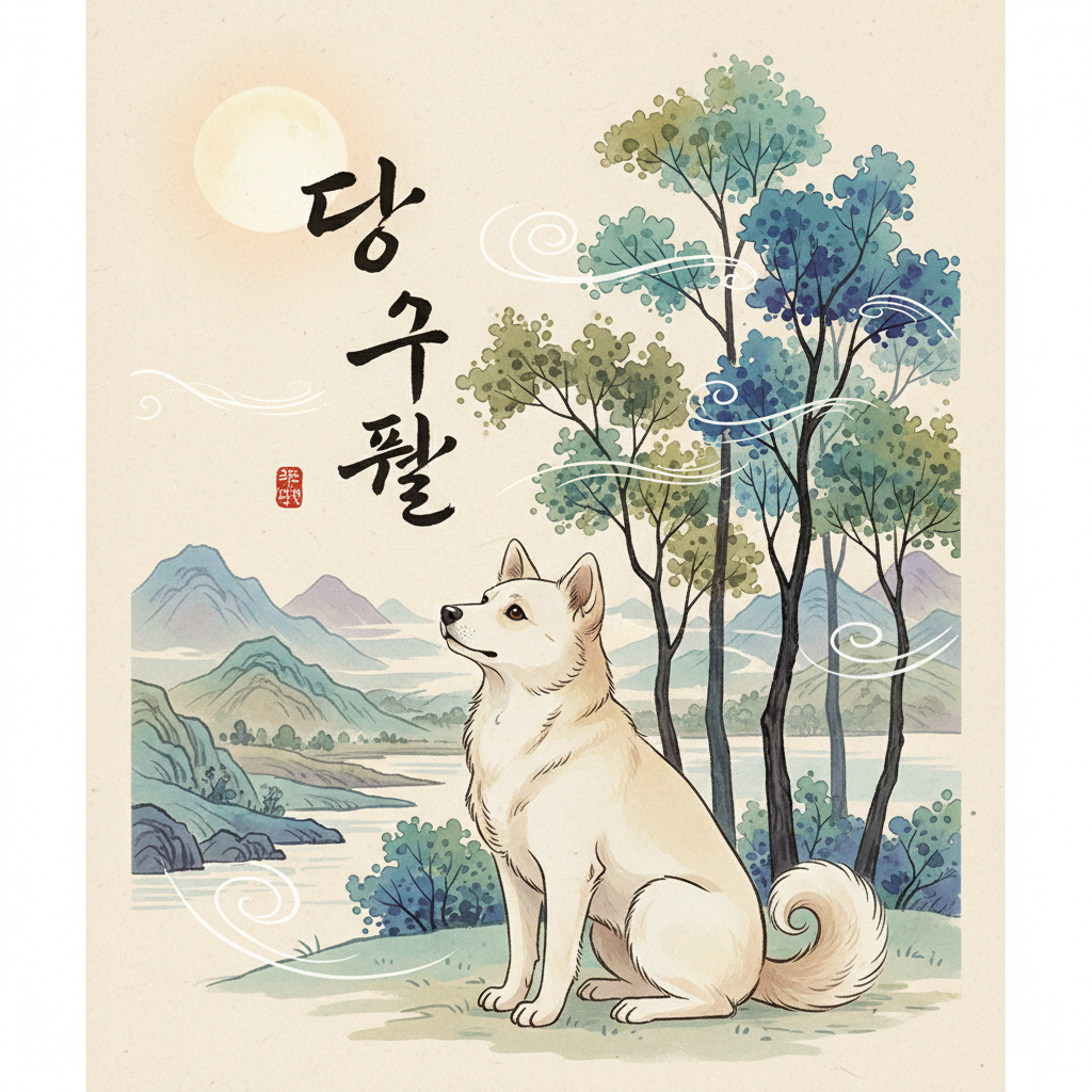 An elegant illustration of Korean calligraphy for "당구풍월" with a gentle dog looking up at the wind (implied by moving trees) and the moon. The background shows a tranquil natural scene with subtle wind effects and soft moonlight. The style is traditional Korean painting with a modern twist, gentle colors, no text.