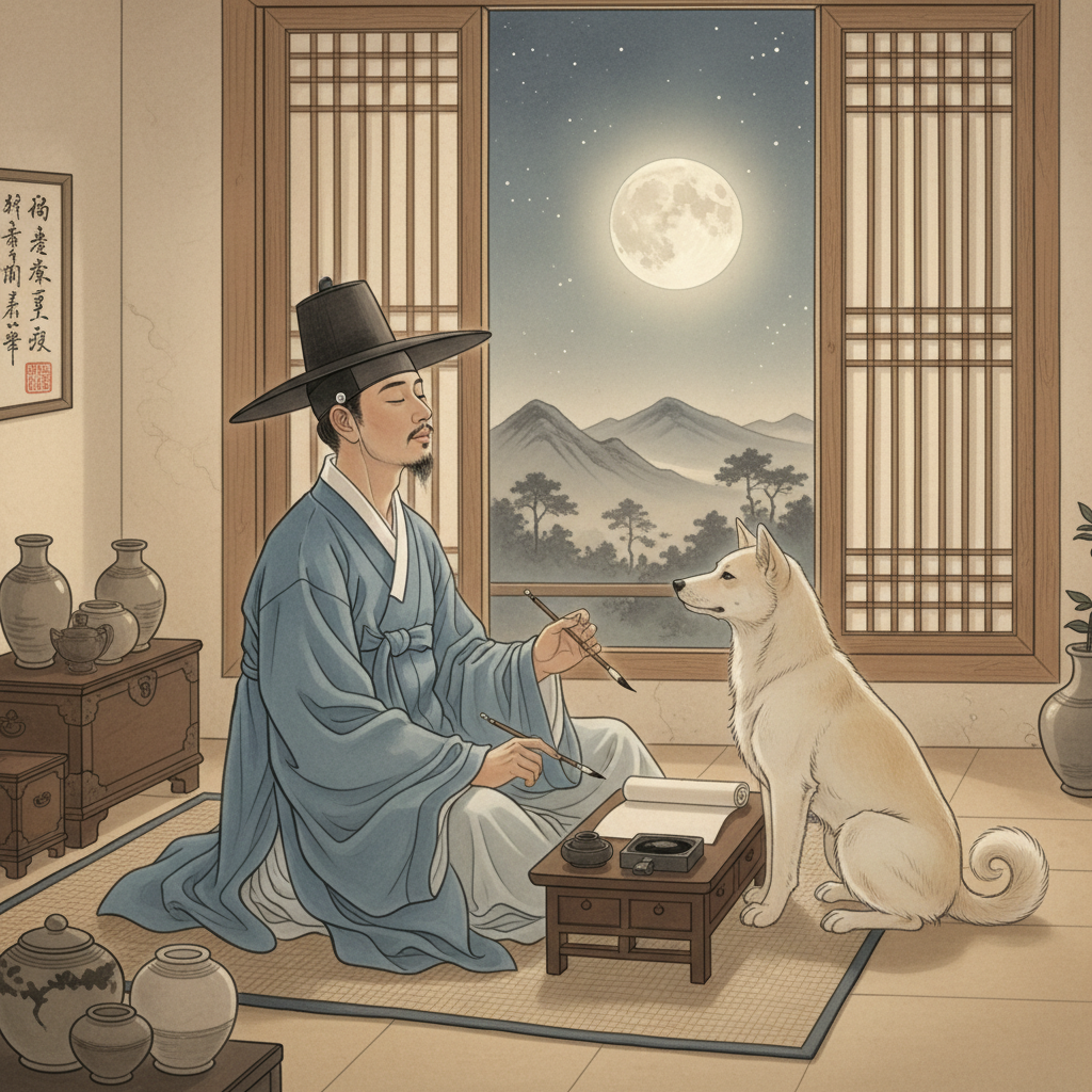 An illustration depicting a Joseon Dynasty scholar sitting by a window, gently reciting poetry with a brush and paper nearby. A calm Korean Jindo dog sits beside him, looking towards the moon visible through the window. The scene is tranquil and infused with a sense of classical Korean aesthetics. Style: traditional Korean painting with soft, warm lighting. No text.