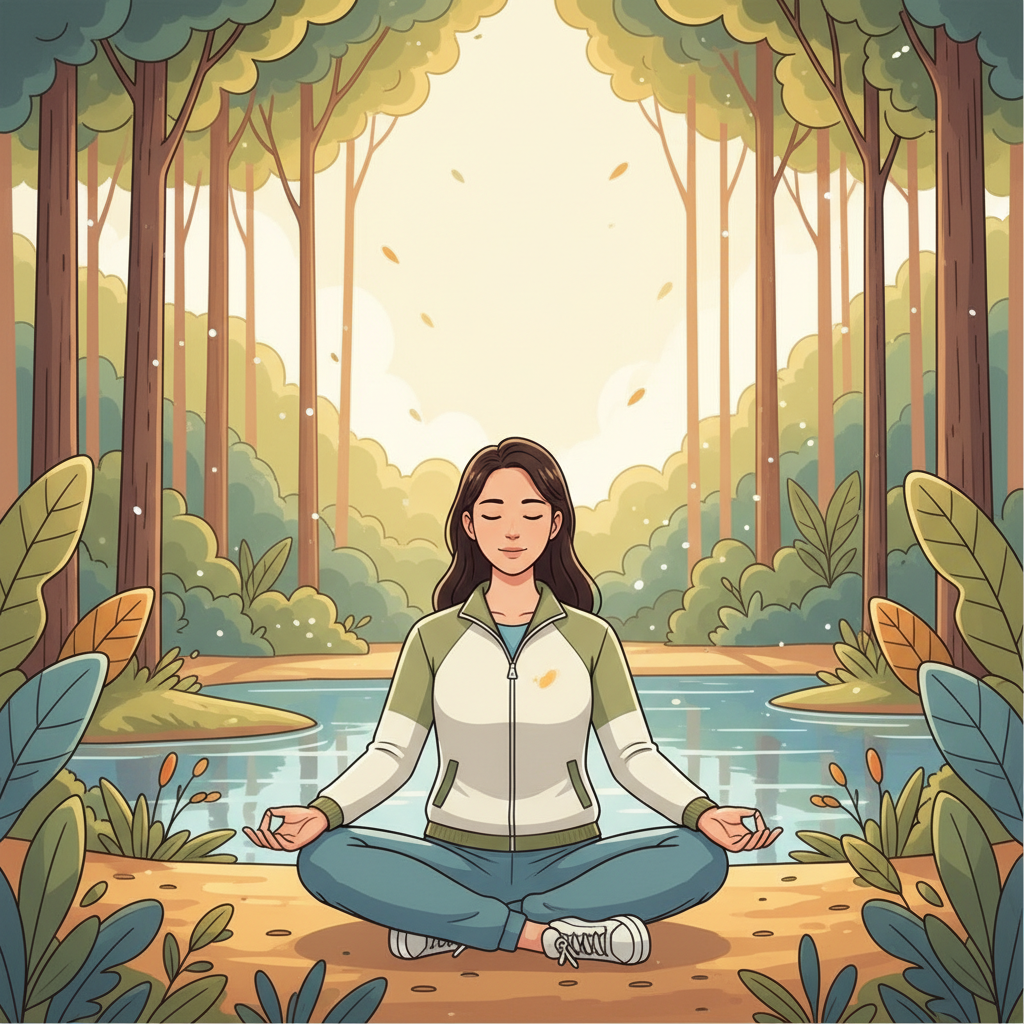 A modern Korean person meditating peacefully in a serene natural environment, perhaps near a lake or in a forest, with soft sunlight filtering through the trees. They are calm and contemplative, suggesting inspiration and inner peace. The style is modern illustration with clean lines and a harmonious color palette. No text.
